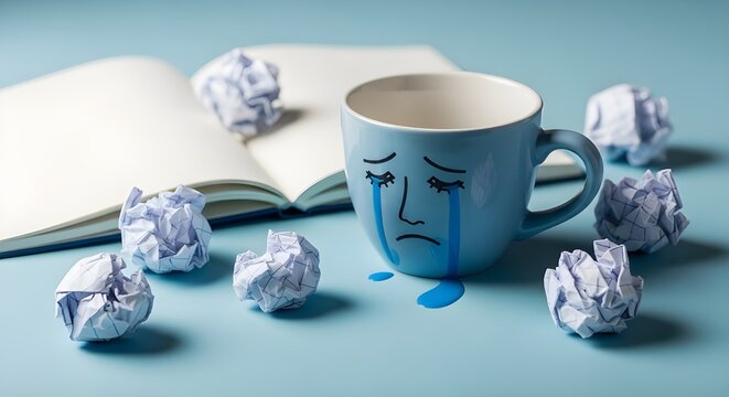 A blue mug with a sad face and tears sits among crumpled paper and an open notebook, symbolizing the feeling of blue monday