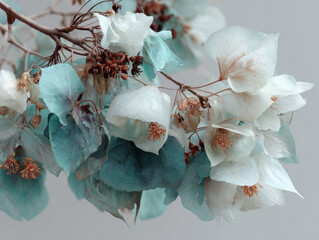 Pastel Botanical Still Life with Delicate White and Blue Flowers on Branch, Soft Minimal Floral Arrangement

