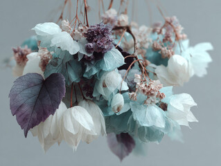 Pastel Botanical Still Life with Delicate White and Blue Flowers on Branch, Soft Minimal Floral Arrangement


