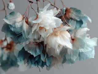 Pastel Botanical Still Life with Delicate White and Blue Flowers on Branch, Soft Minimal Floral Arrangement

