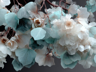Pastel Botanical Still Life with Delicate White and Blue Flowers on Branch, Soft Minimal Floral Arrangement

