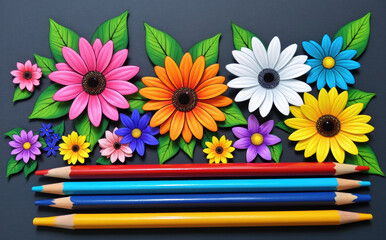 Colorful daisy blossoms and art pencils daisies flowers