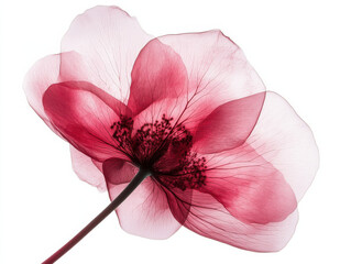 Botanical X-ray of Blooming Red Flower, Transparent Petals, Minimal Nature Art on White Background

