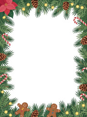 Christmas frame with pine branches, poinsettia, Christmas tree decor and Christmas sweets
