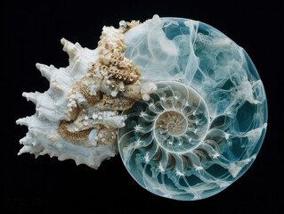 X-ray Nautilus Shell Spiral, Transparent Seashell Section, Abstract Natural Geometry


