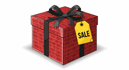 A vibrant red gift box adorned with a sleek black bow, coupled with a yellow sale tag
