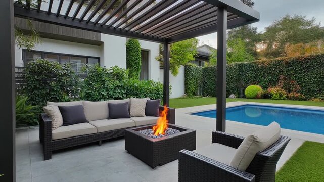 Modern backyard patio with pergola, fire pit, and pool surrounded by lush greenery, offering a cozy and stylish outdoor living space for relaxation.