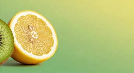 Halved lemon and kiwi fruit isolated against a light green background