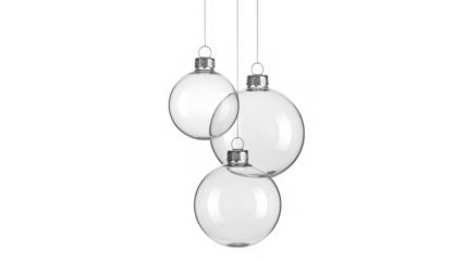 3 christmas ball bauble group glossy transparent glass blank christmas silver hanging from top upright 3D CAD rendering