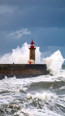 Fototapeta premium Historic lighthouse amid crashing waves under stormy sky