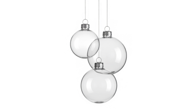 3 christmas ball bauble group glossy transparent glass blank christmas silver hanging from top upright 3D CAD rendering