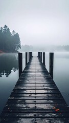 Fototapeta premium Tranquil Foggy Dock in Serene Lake Surrounded by Mysterious Forest