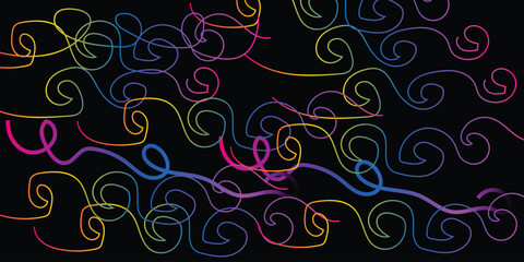 Abstract Gradient Swirl Shapes Set in Black background . Colorful Fluid Wave Pattern.  Vector Graphic  Rainbow Colors.