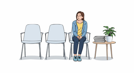 A woman sitting in a waiting room, looking anxious. She is surrounded by chairs and a small table with a plant and books