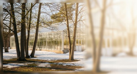 Greenhouse framed by trees on a winter's day showcasing nature's resilience