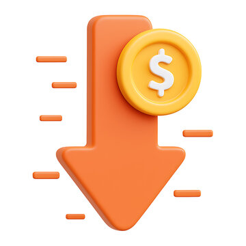 3D financial decrease icon. Downward arrow with a dollar coin symbolizing cost reduction, price drop, and recession. isolated in transparent background