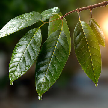 Close-up of a fresh green banaba leaf under natural light, highlighting its texture and the freshness of the herb.