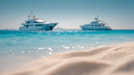 Fototapeta premium two yachts anchored off sandy beach coast