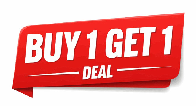 A red banner design for a buy one get one deal promotion with text. The banner appears to be made of a red material, potentially ribbon or fabric. The words BUY 1 GET 1 DEAL are prominently displayed