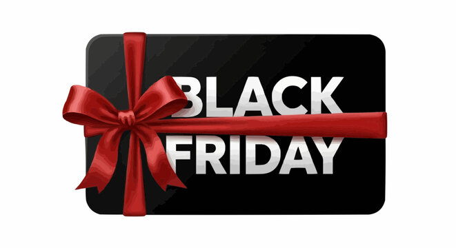 Black Friday gift card with a red ribbon on the black background. Ideal for a holiday season shopping