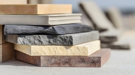 Stack of assorted construction material samples demonstrates various textures and colors