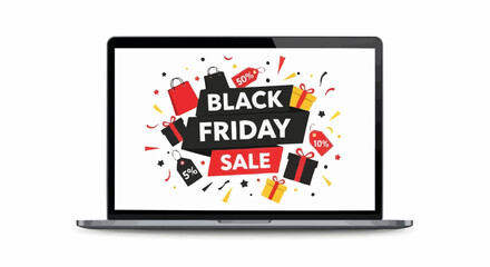 Laptop with Black Friday Sale advertisement on screen, promoting shopping event