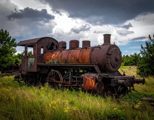 Fototapeta premium Abandoned Vintage Steam Locomotive in Overgrown Landscape