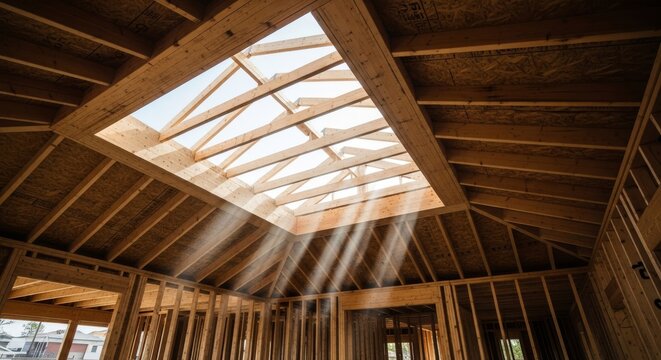 Sunbeams Streaming Through a Skylight in a New Home Construction Site.
