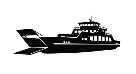 Black silhouette of a ferry boat with a lowered ramp design