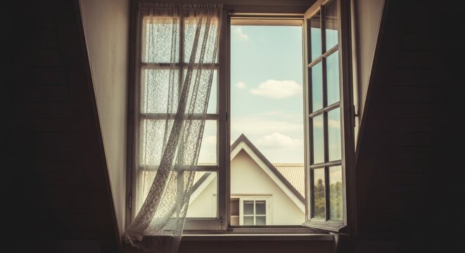 View from a dark room through an open window with a blowing curtain.
