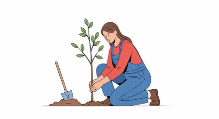 Fototapeta premium A woman planting a young tree in the soil