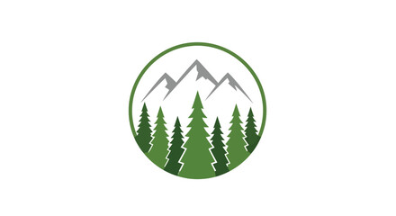 A circular logo featuring a stylized mountain range with snow-capped peaks above a dense forest of evergreen trees.