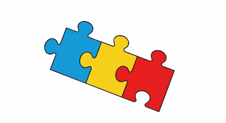 Three colorful puzzle pieces, blue, yellow, and red, interlocked to symbolize cooperation