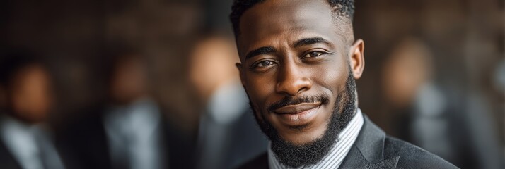 A well dressed African American businessman with a beard smiles warmly in a modern office setting. Professionalism, approachability, workplace confidence.