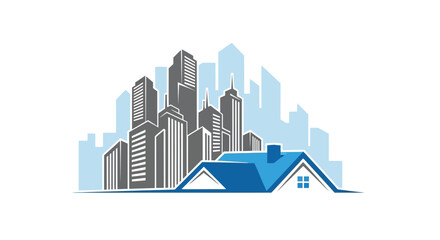 A stylized illustration of a modern cityscape with a prominent blue-roofed house in the foreground, symbolizing real estate and urban development.