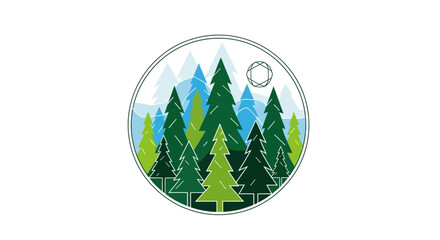 A modern circular logo design featuring a dense forest of green pine trees with stylized mountains in the background.