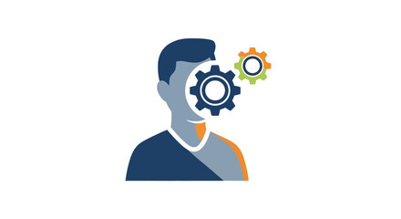 A stylized illustration of a human head with a gear integrated into the face, symbolizing thought processes, mechanics, and problem-solving.