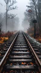 Fototapeta premium Foggy Railway Track Surrounded by Trees and Autumn Foliage Landscape