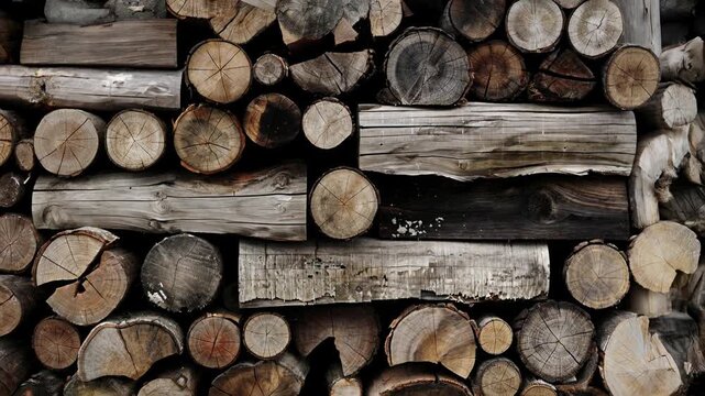 Neatly stacked firewood logs with rich rings and textures, warm timber pattern background symbolizing craftsmanship, forestry, renewable resources and rustic cabins, ideal for industry or lifestyle pr