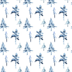 Blue watercolor trees seamless pattern. Elegant winter firs and pine trees isolated on transparent background. For fabric, wrapping paper, scrapbooking, and more