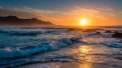 Obraz premium Brilliant sun dips below the horizon over rugged coastline and churning ocean waves