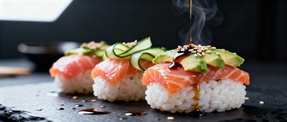 A beautifully arranged plate of sushi featuring salmon, avocado, and cucumber drizzled with sauce, exuding steam and showcasing a gourmet culinary experience.