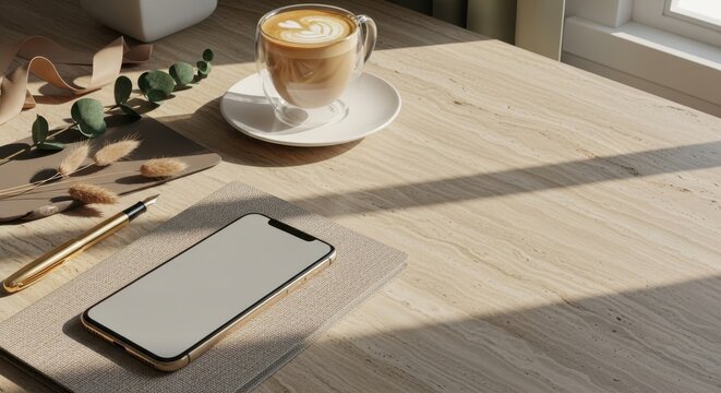 Cozy Workspace with Cappuccino Smartphone and Golden Pen on Wooden Desk
