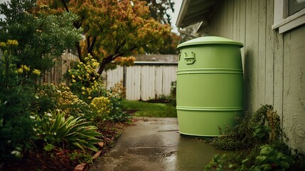 Green rainwater collection container stands beside a house exterior next to a garden pathway