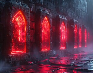 Ethereal Red Light Illuminates Ancient Stone Walls in Dark Dungeon