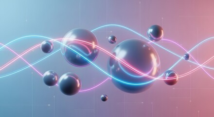 Abstract 3d render of spheres with glowing rings on a colorful background