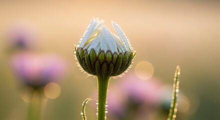 A close-up of a dew-covered flower bud, capturing delicate petals and a soft, glowing background of blurred blooms.