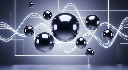 Obraz premium Abstract 3d rendering of spheres with glowing lines on a gray background