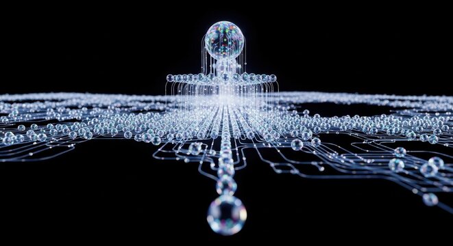 Abstract artificial intelligence concept with glowing brain and circuit board on a black background