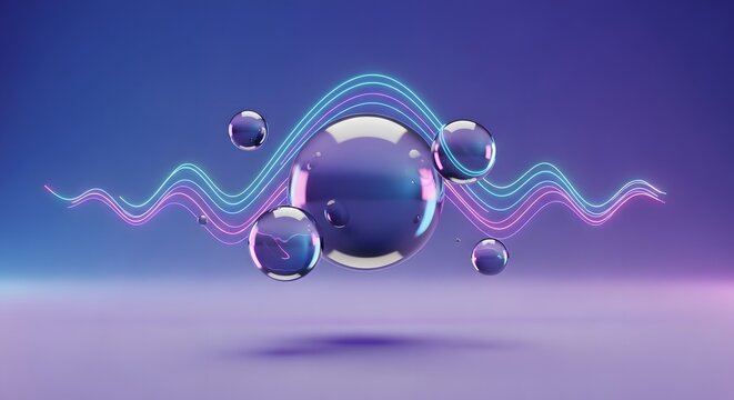 Abstract 3d rendering of spheres with glowing lines on a blue background